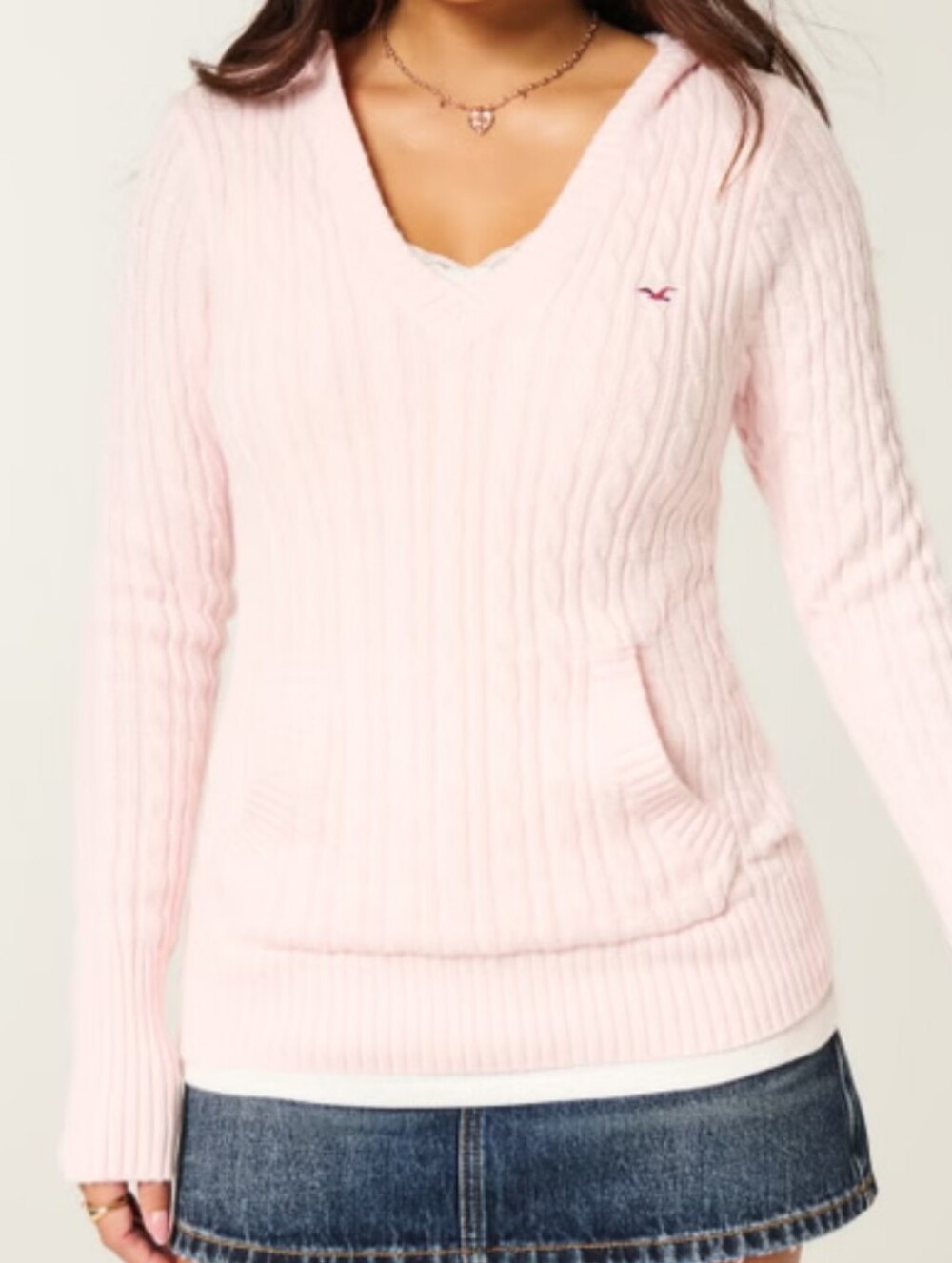Hollister Pink Cable Knit V-Neck Sweater with Kangaroo Pocket NWT